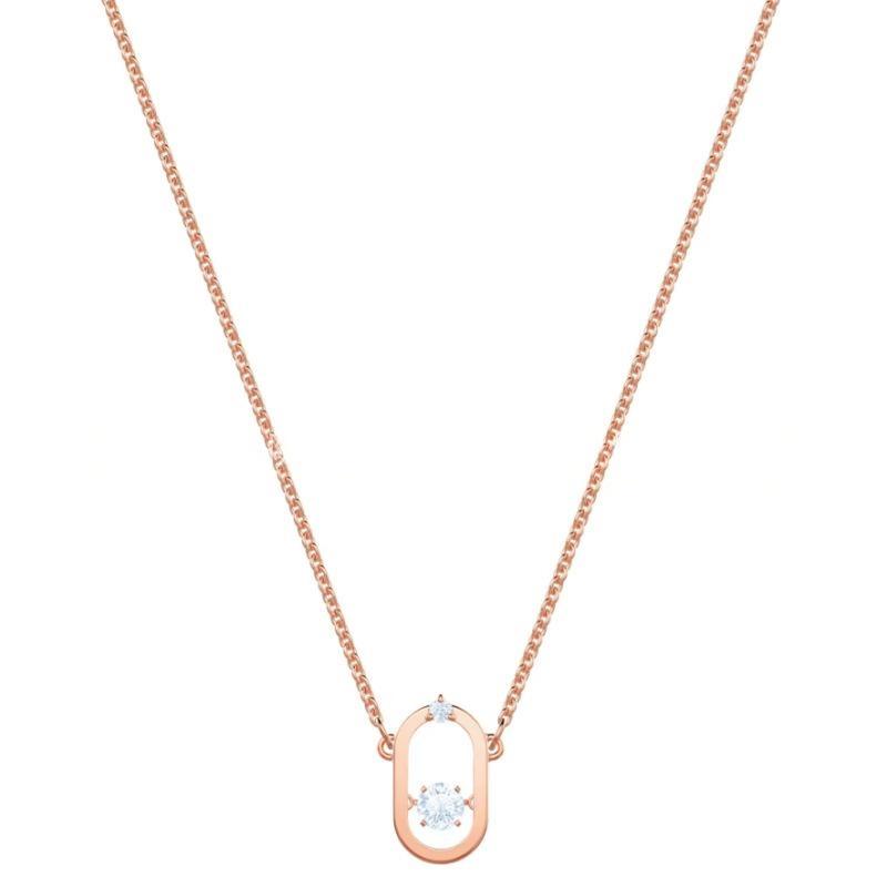 Swarovski Sparkling Dance necklace, Round cut, OvalRose gold necklace with a small diamond pendant on a white background