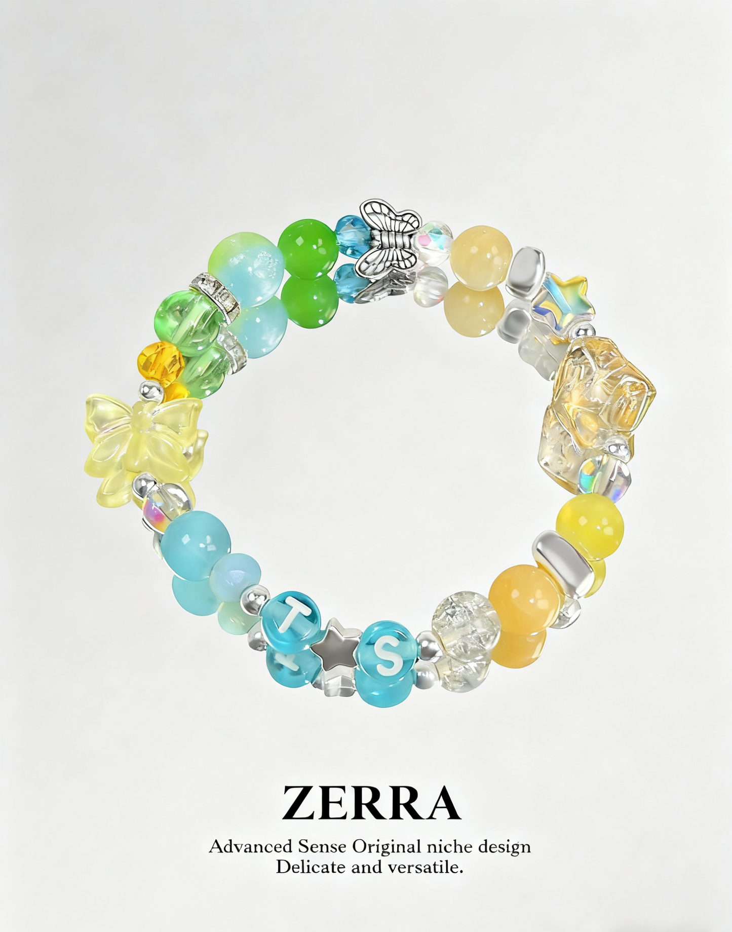 Colorful beaded bracelet with butterfly charms on a light gray background, featuring the brand 'Zerra'.
