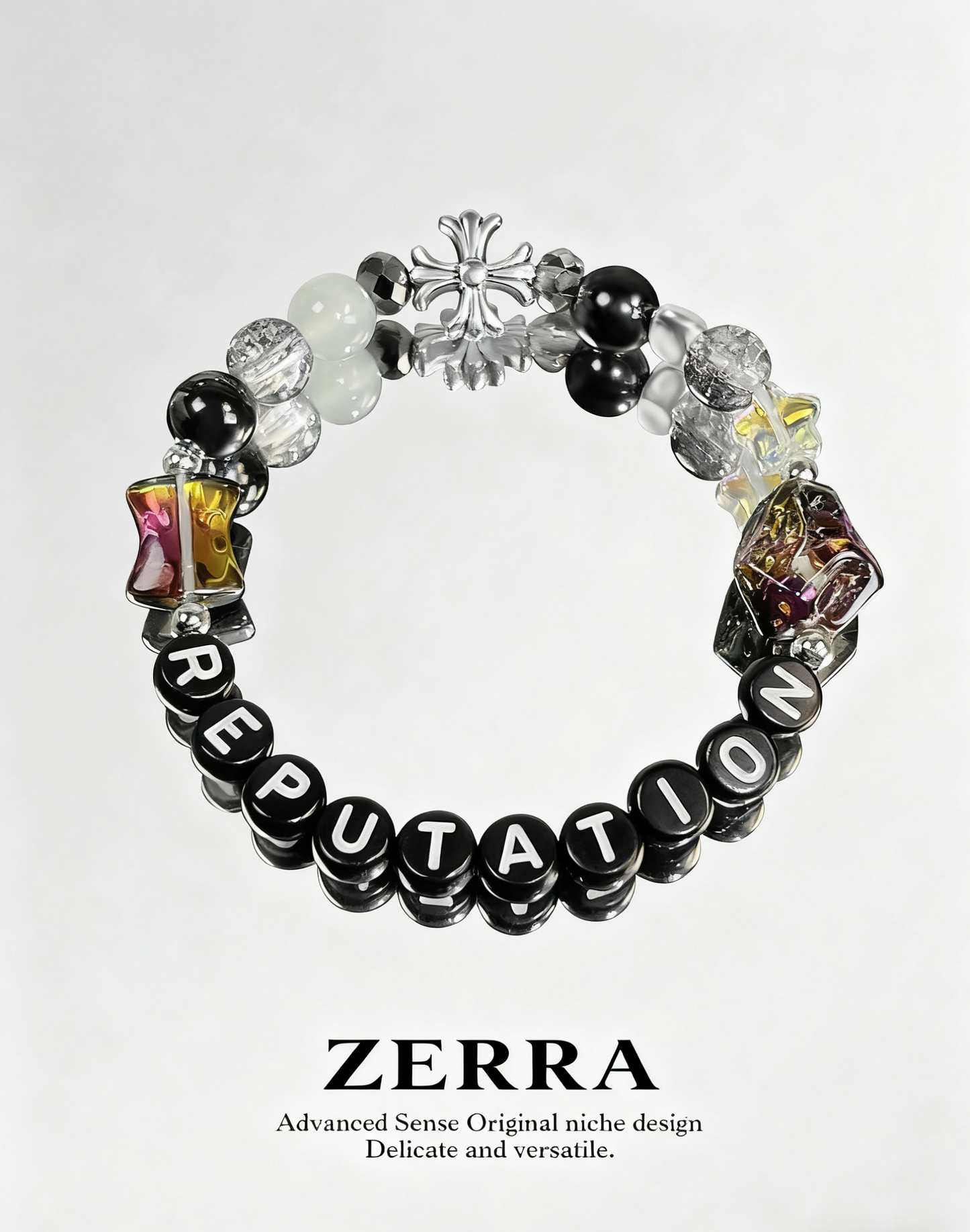 Beaded bracelet with colorful beads and letter beads spelling 'REPUTATION' on a white background, branded 'Zerra'.