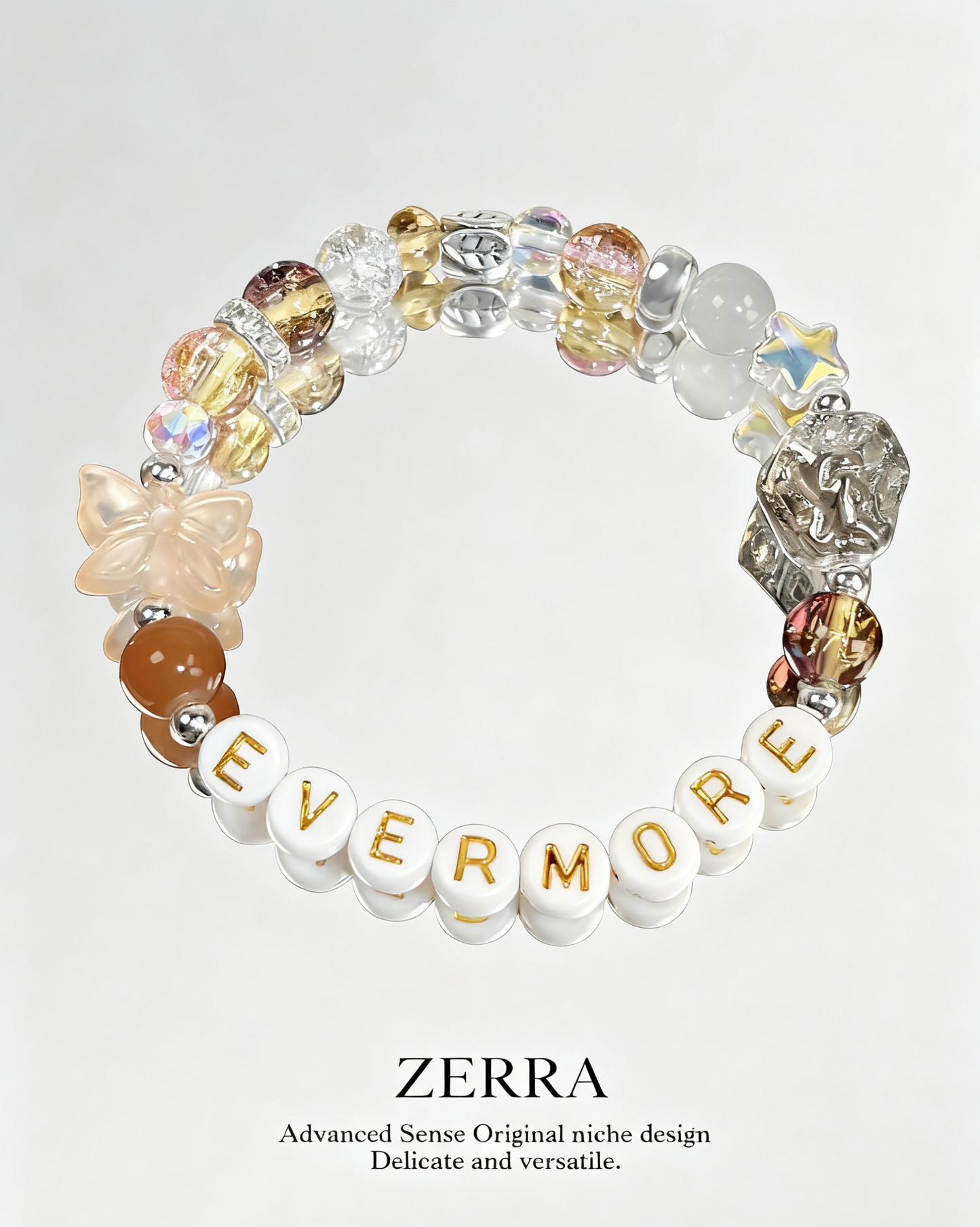 Colorful beaded bracelet with 'EVERMORE' on a light gray background, featuring the brand 'ZERRA'.