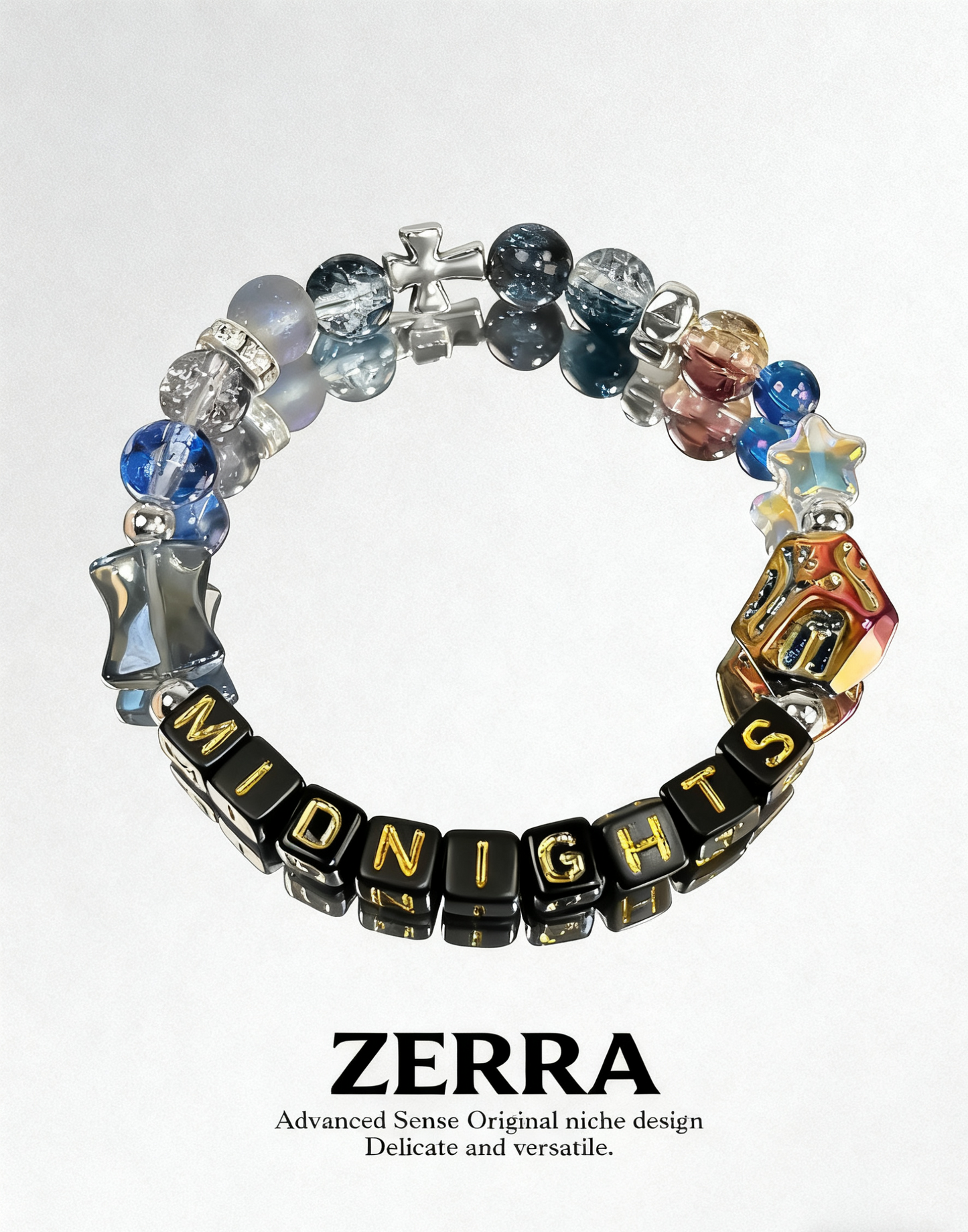 Colorful beaded bracelet with 'Midnights' and 'Zerra' branding on a white background