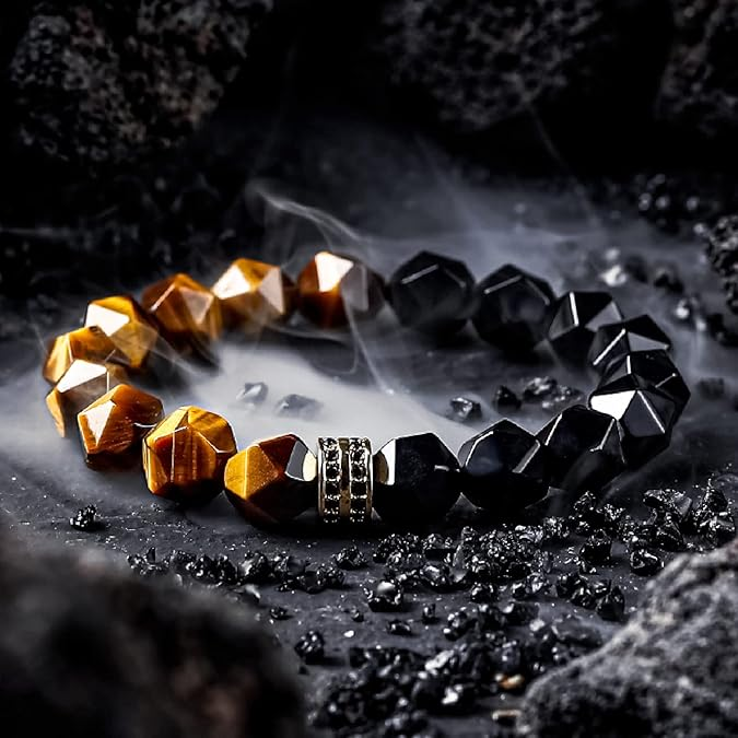 Bracelet with geometric beads on a dark textured surface