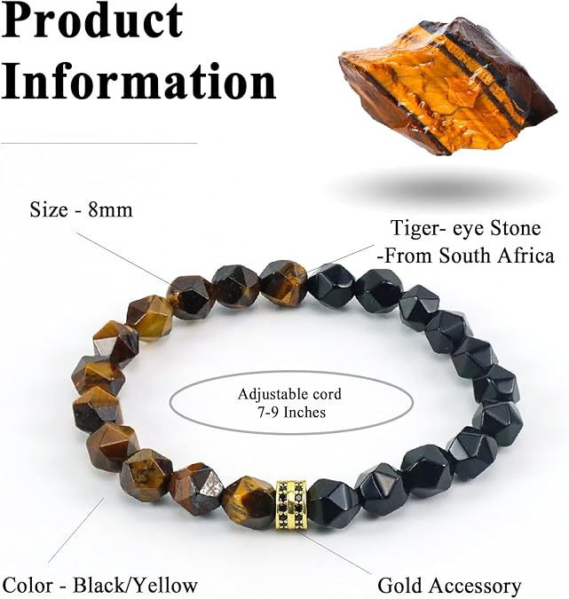 Beaded bracelet with tiger eye stone and gold accessory on a white background