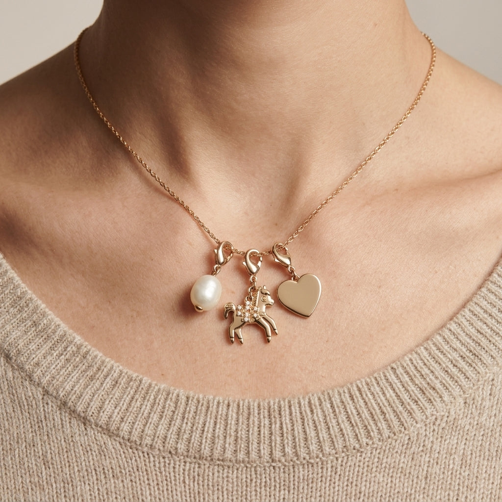 A close-up of a person's neck and upper chest wearing a delicate gold necklace with three charms: a white pearl, a small gold horse figure, and a flat gold heart. The necklace is styled with a beige knit sweater.