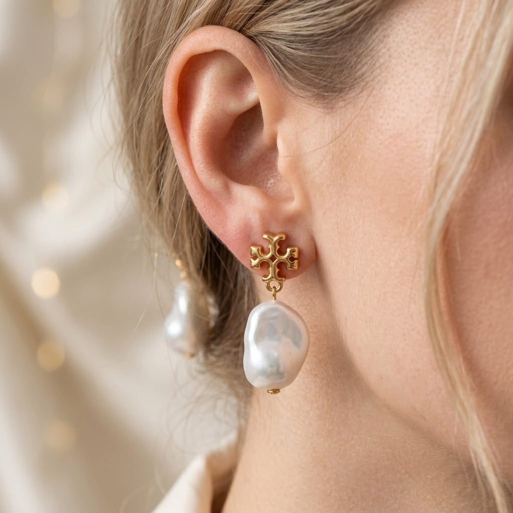 A close-up of a model's ear wearing a gold stud earring with a baroque pearl dangle, against a soft beige background with warm bokeh lights.
