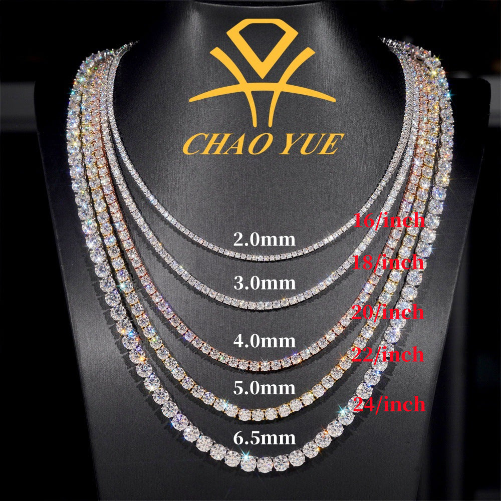 Chao Yue diamond necklace with size measurements on a black background
