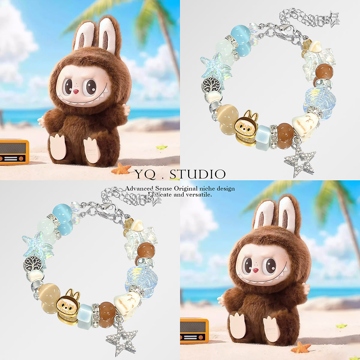 Collage of a plush toy and two bracelets with a beach background