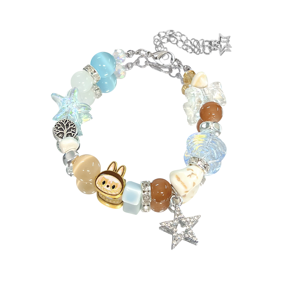 Bracelet with various charms including a small animal figure, starfish, and heart on a white background