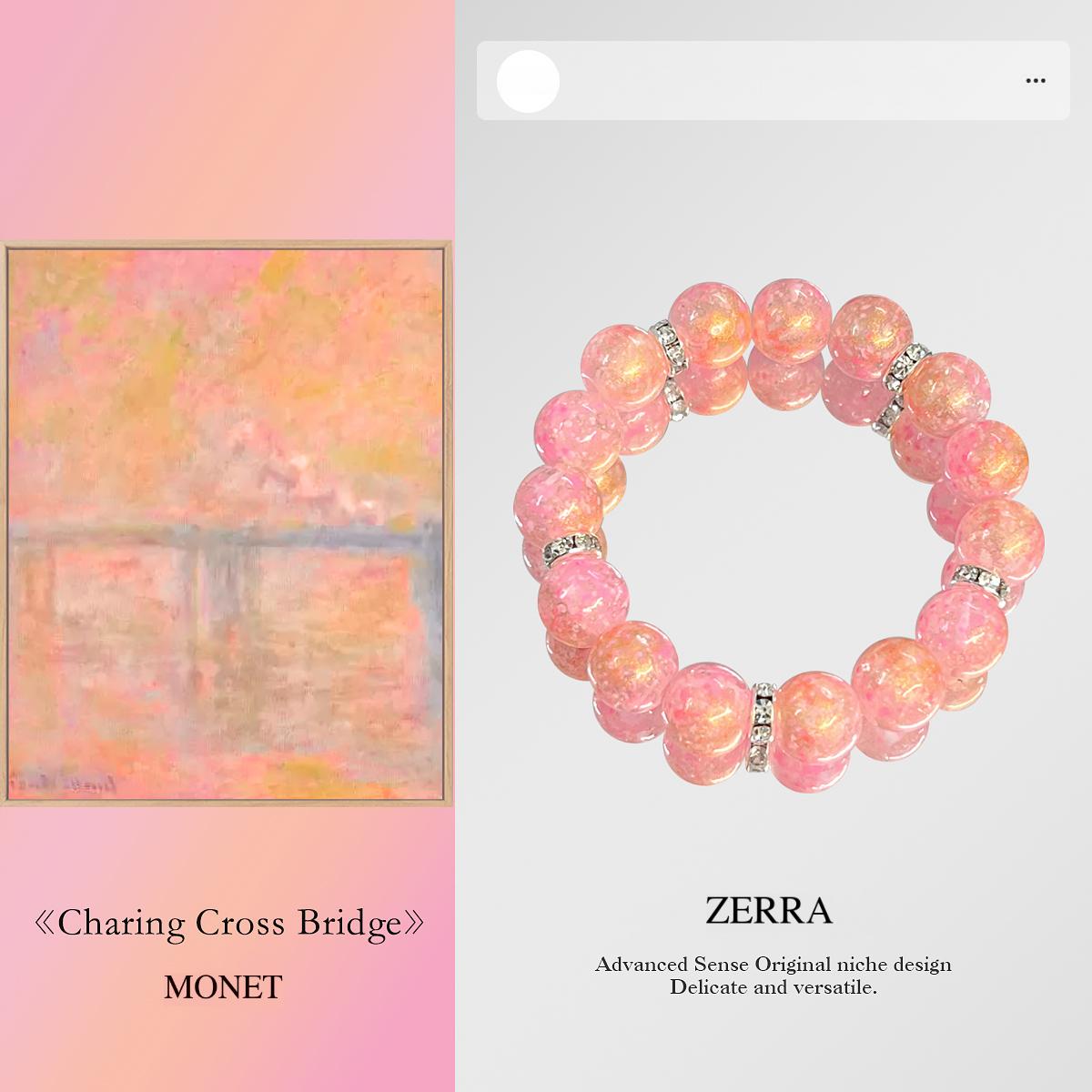 Pink beaded bracelet with ZERRA branding on a light pink background