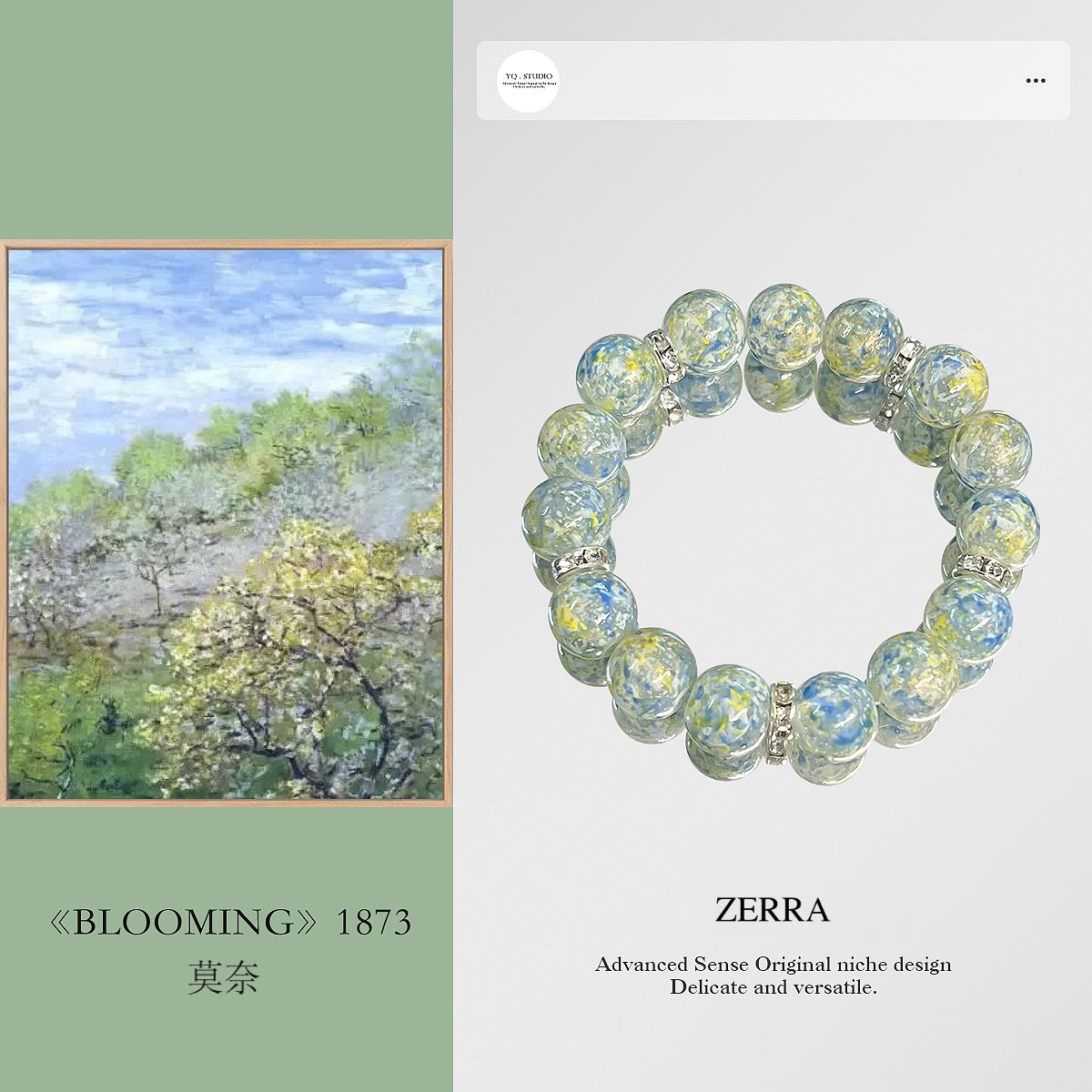 Zerra bracelet with a painting of 'Blooming' by Monet on a green background