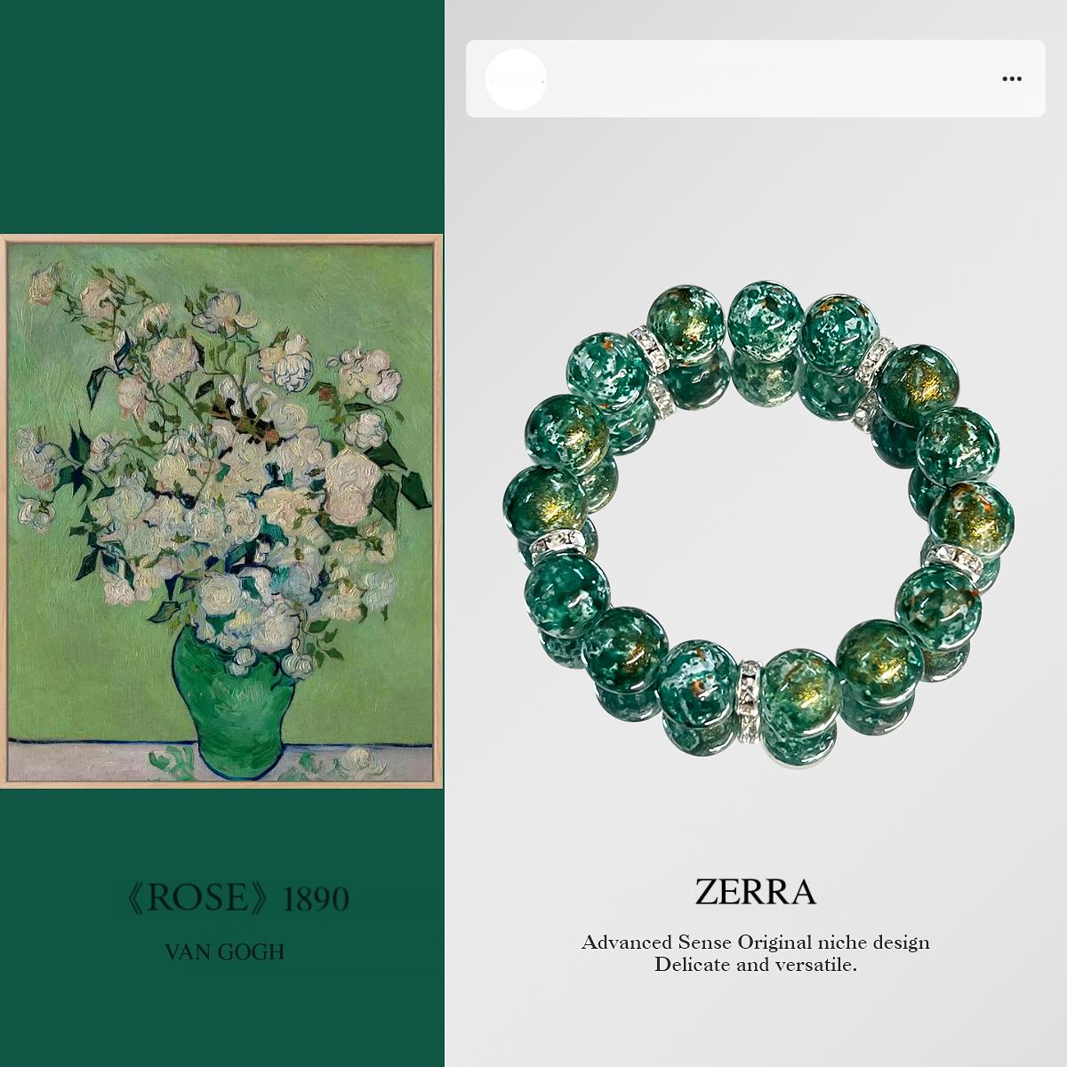 Green bracelet with Zerra branding next to Van Gogh's 'Rose' painting