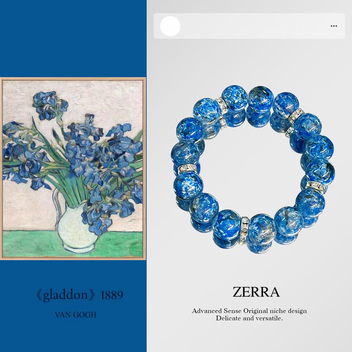 Blue beaded bracelet with 'Zerra' branding next to Van Gogh's 'Irises' painting.