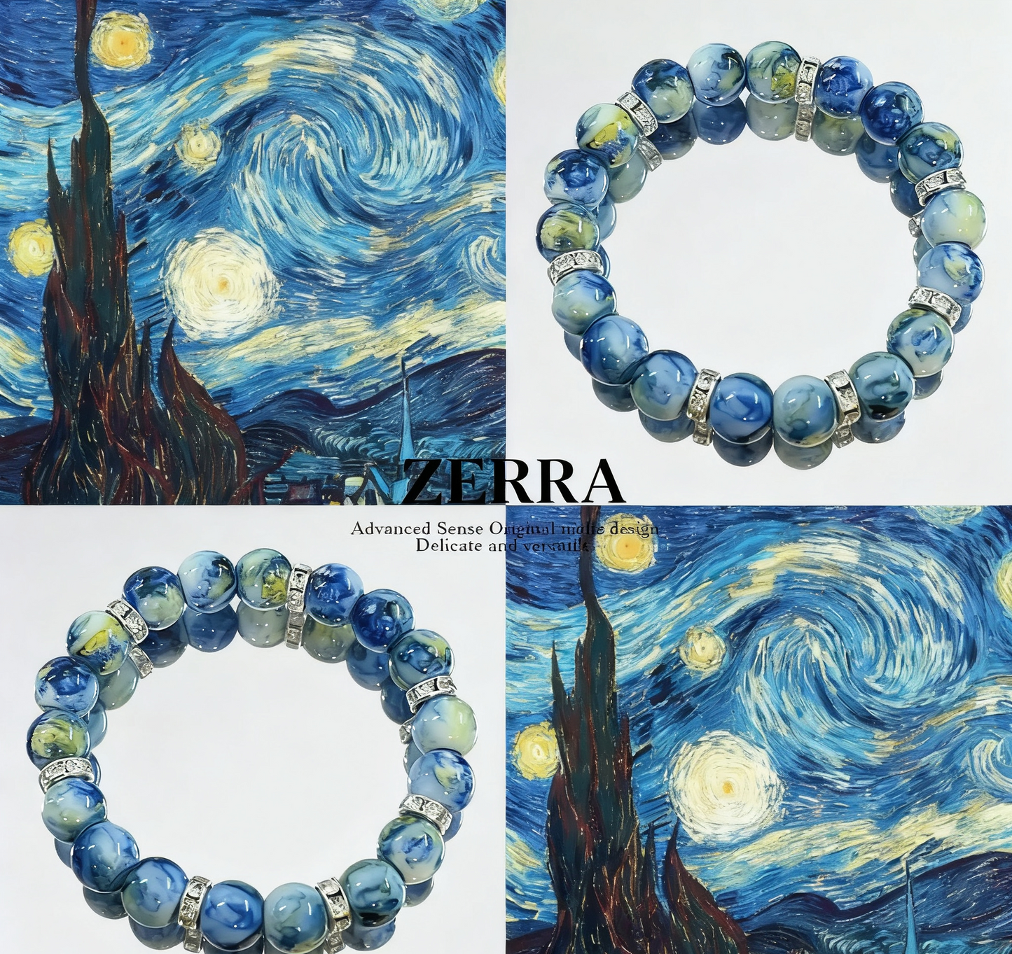 Bracelet inspired by 'Starry Night' with Van Gogh painting on a white background