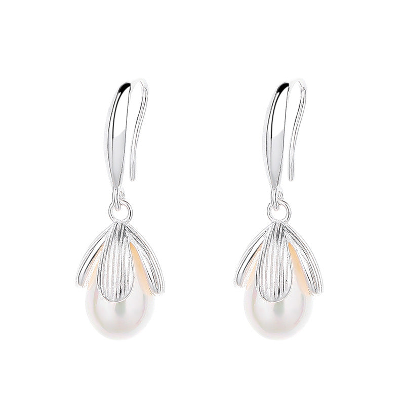Pair of silver earrings with a white background