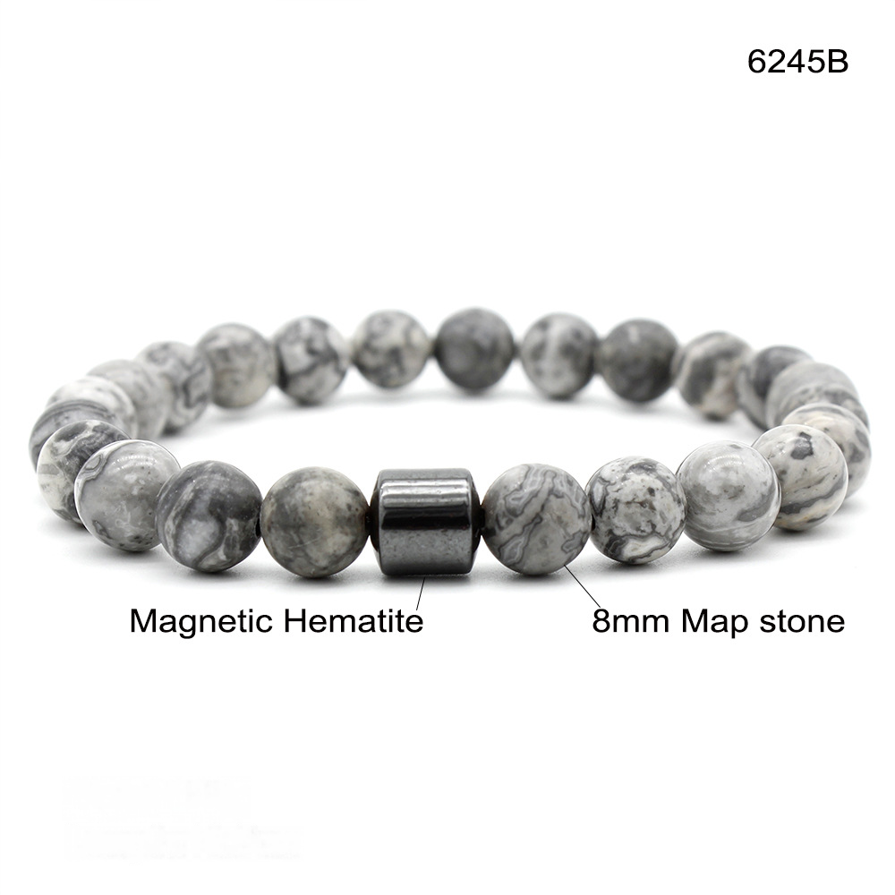 Bracelet with magnetic hematite and 8mm map stone beads on a white background