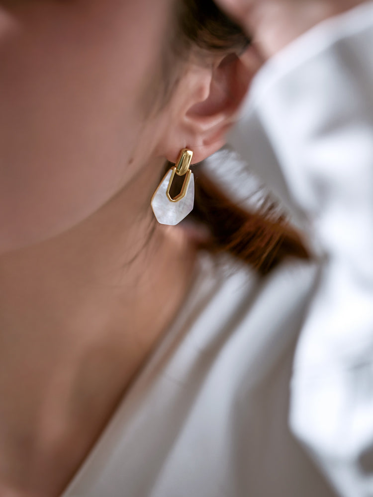 Model Wearing Geometric Silver Drop Earrings – Elegant Minimalist Style