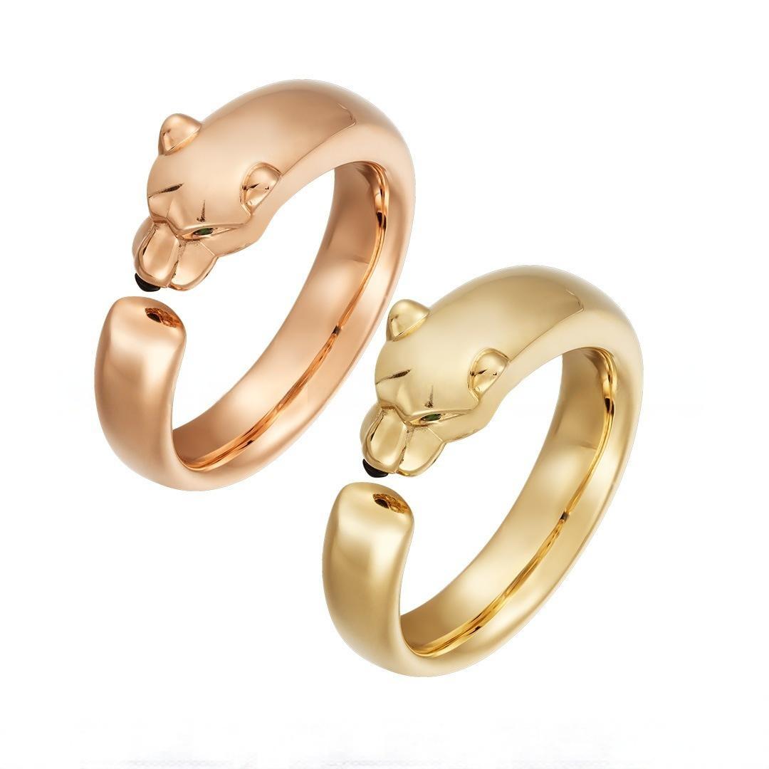 “Wild Grace” Leopard Head Ring | 18K Gold-Plated Sterling Silver Full Zircon Animal Ring womenTwo gold panther-shaped rings on a white background