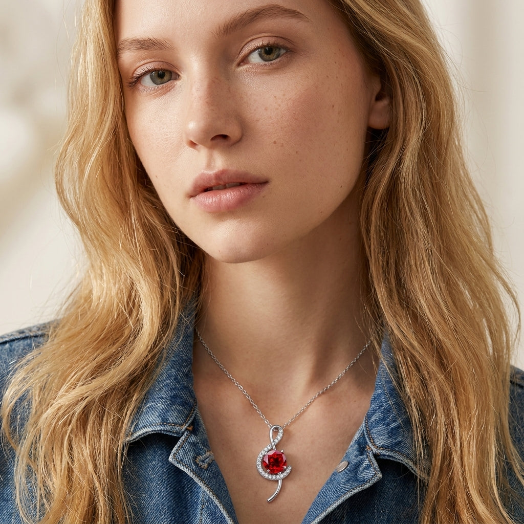 Portrait view of an elegant model wearing a classic ruby musical clef necklace pendant with a denim jacket.