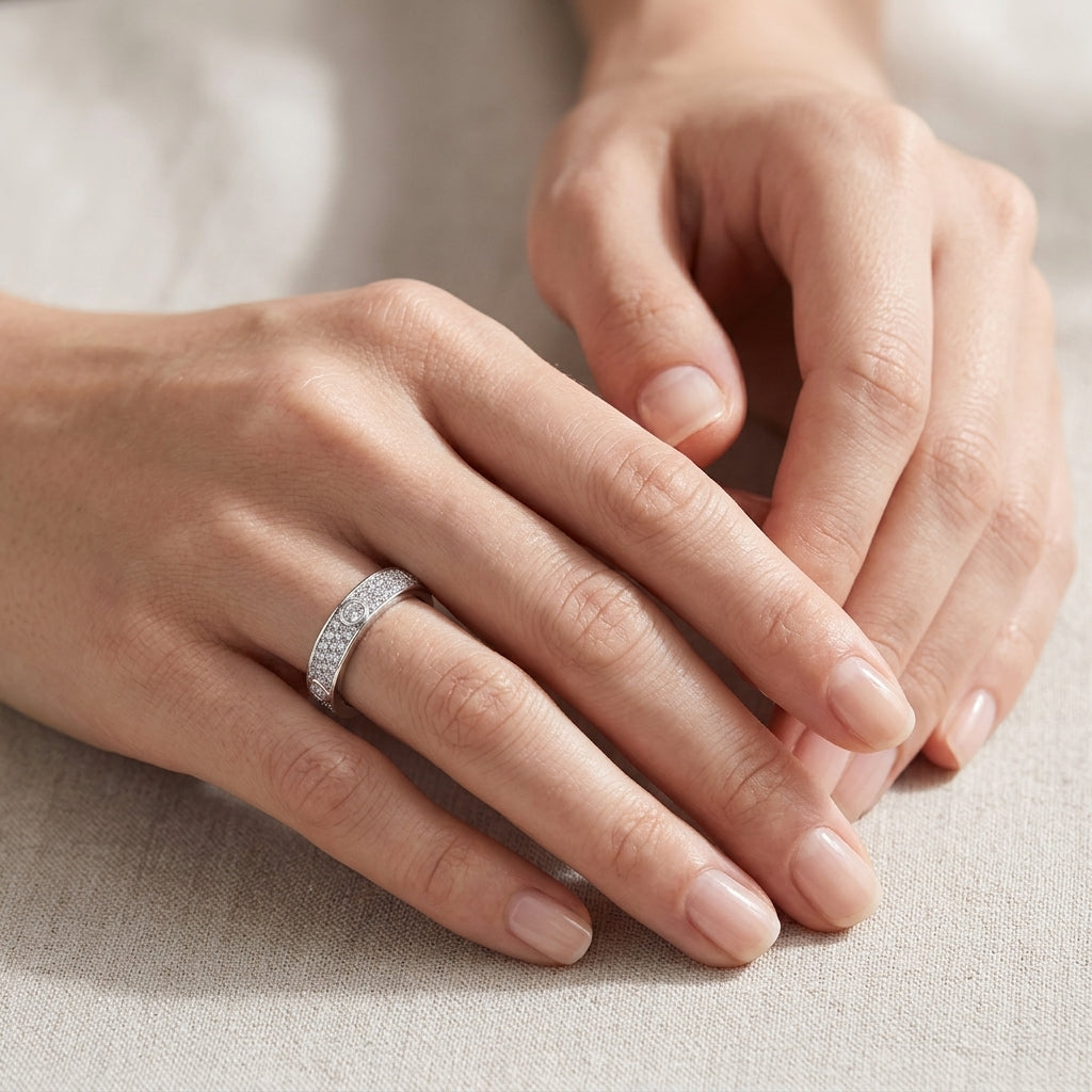 Model wearing a double row pavé moissanite full eternity ring on finger, elegant hand jewelry styling.