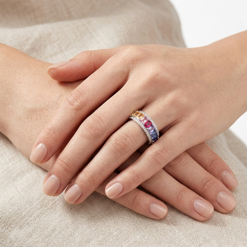 Full hand view of model wearing multi-color emerald cut rainbow sapphire eternity ring.