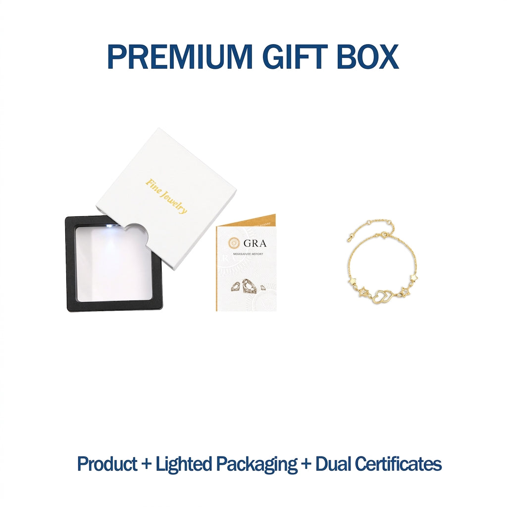 Premium lighted presentation box and dual authenticity certificates for gold interlocking hearts and stars moissanite bracelet.