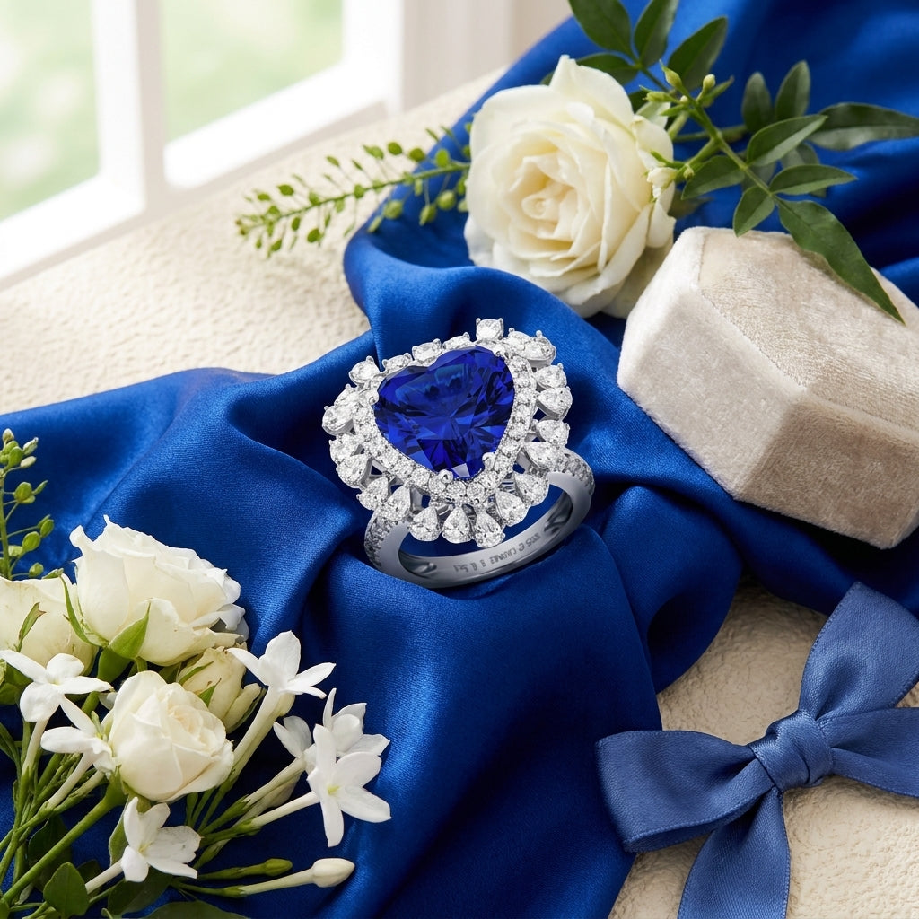 Luxury heart blue sapphire halo ring styled with white flowers and ribbon, old money aesthetic