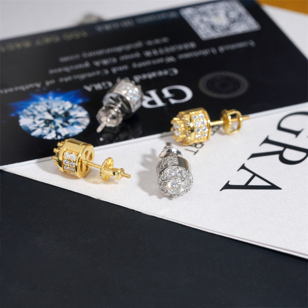 Gold and silver iced out 3D crown cylinder solitaire moissanite stud earrings showing posts and screw backs on GRA report card