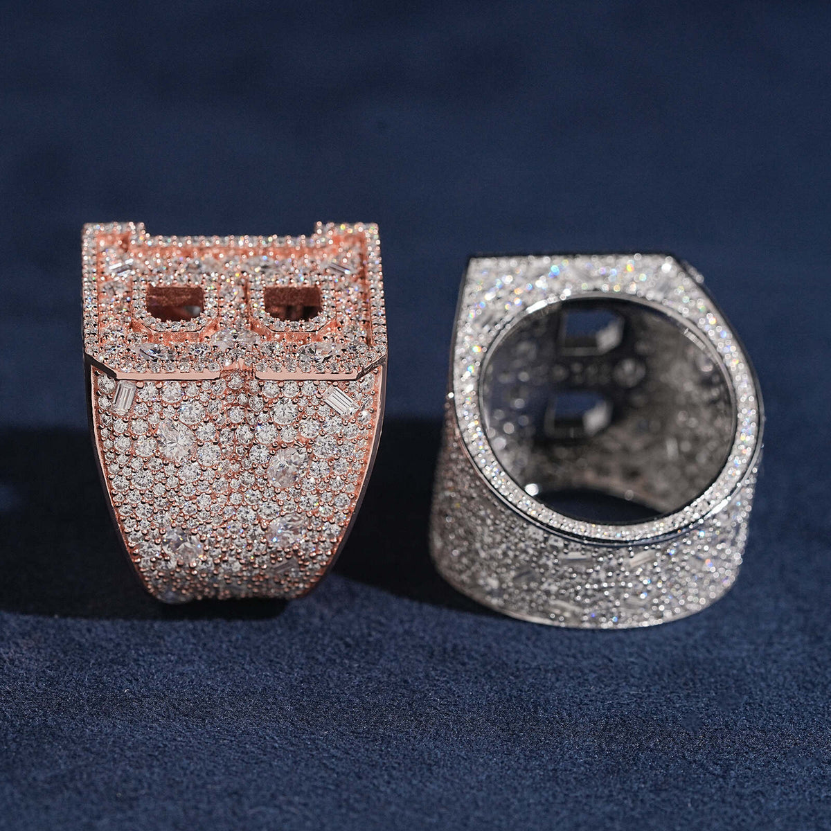 Rear profile view showing inner band construction of iced out double letter B moissanite rings