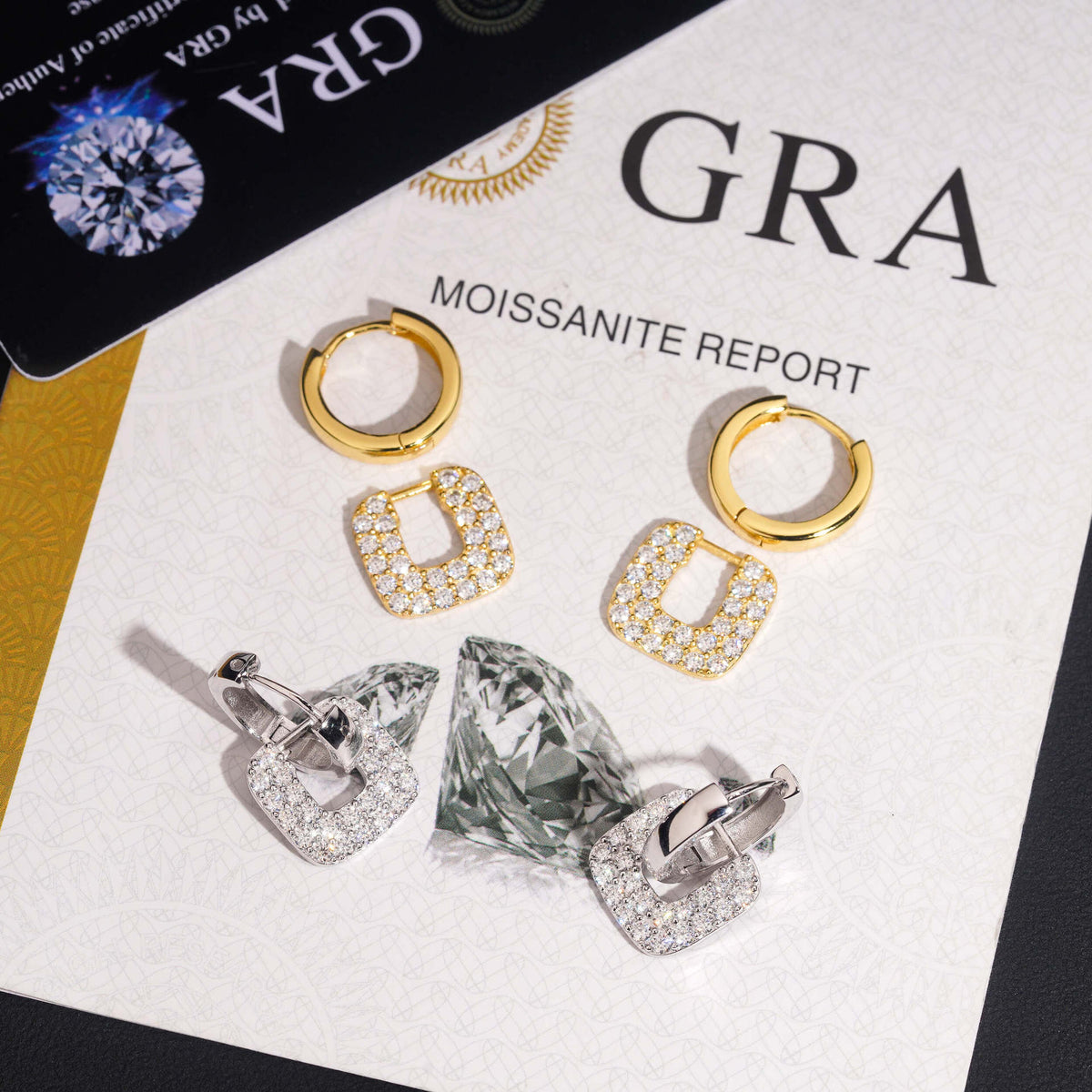 Gold and silver iced out square cushion hollow drop huggie hoop moissanite earrings with charms on GRA report card