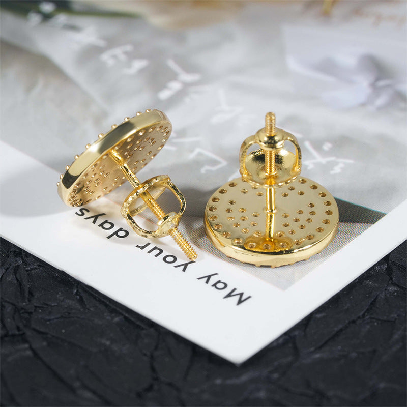 Yellow gold iced out three-point star emblem moissanite stud earrings showing screw back posts