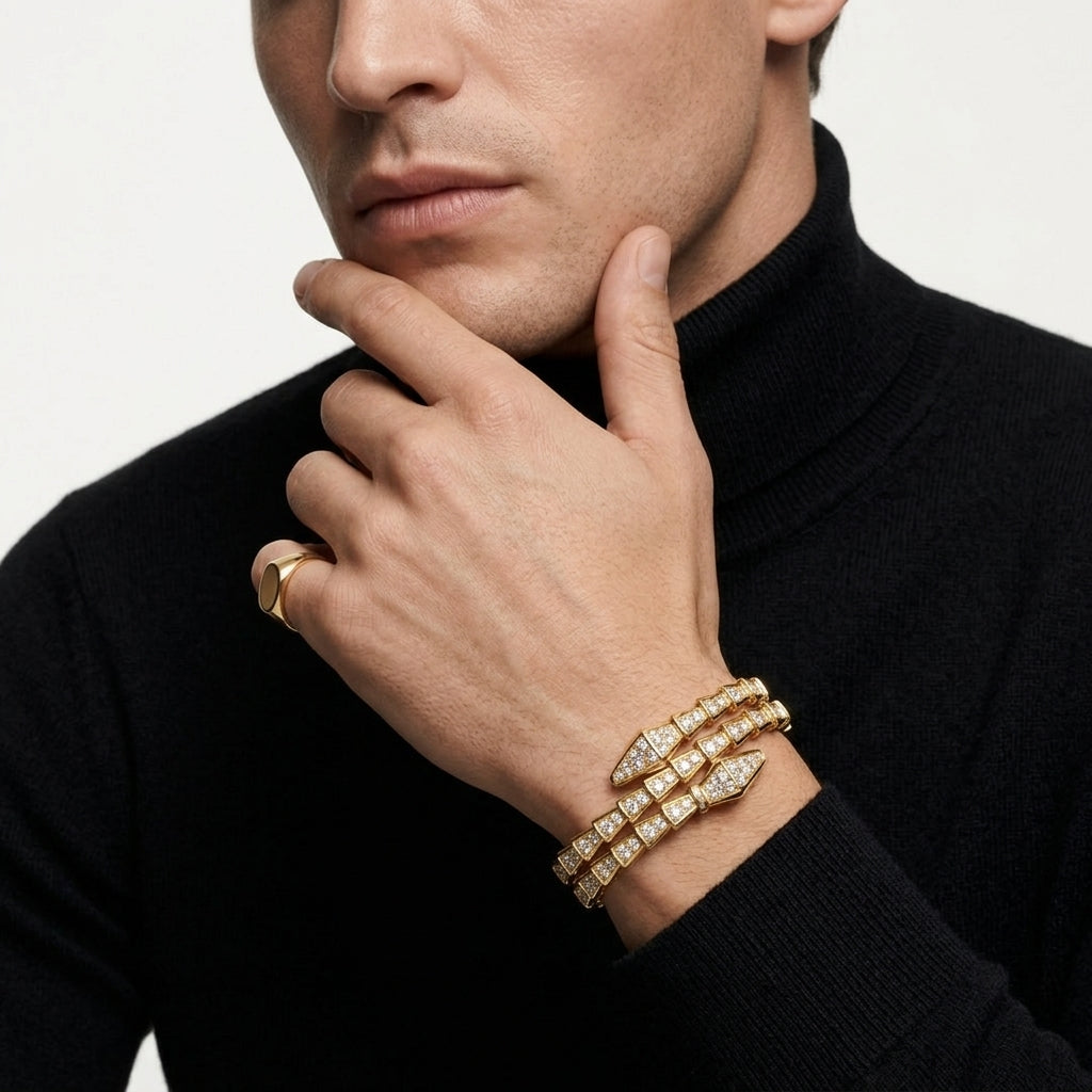Zerra Jewelry BVLGARI Serpenti Viper Double bracelet with pave diamonds, featuring a sleek serpent design in gold and diamond accents
