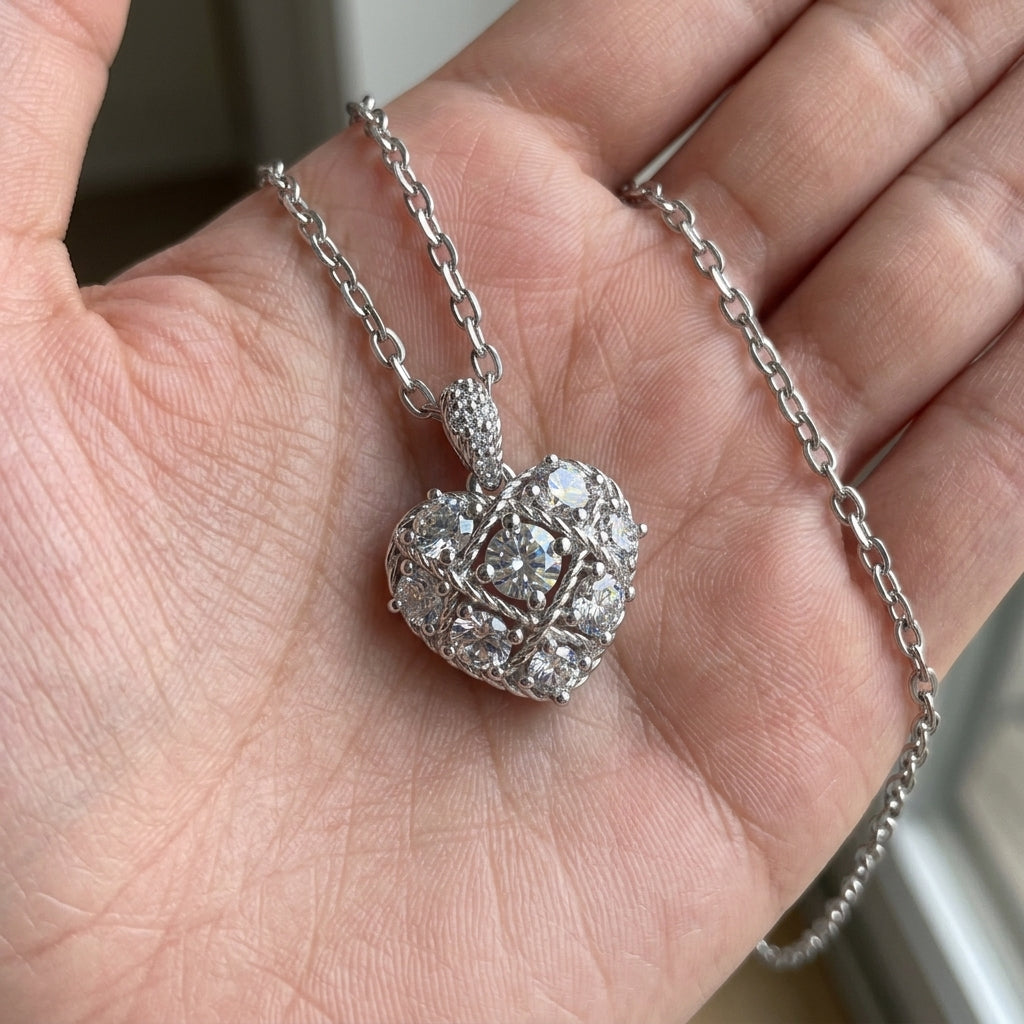 Hand holding lab grown diamond puffy heart pendant showing 3D lattice craftsmanship.