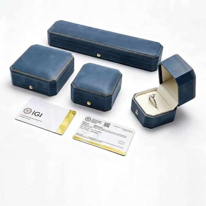 Luxury navy blue jewelry gift box set with authenticity certificate for lab grown diamond ring
