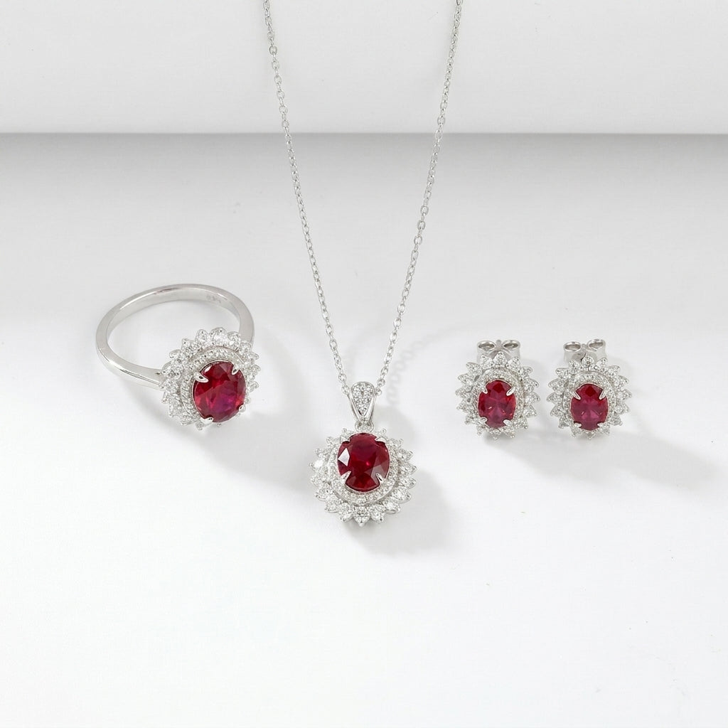 Jewelry set with ring, necklace, and earrings featuring red gemstones on a white background