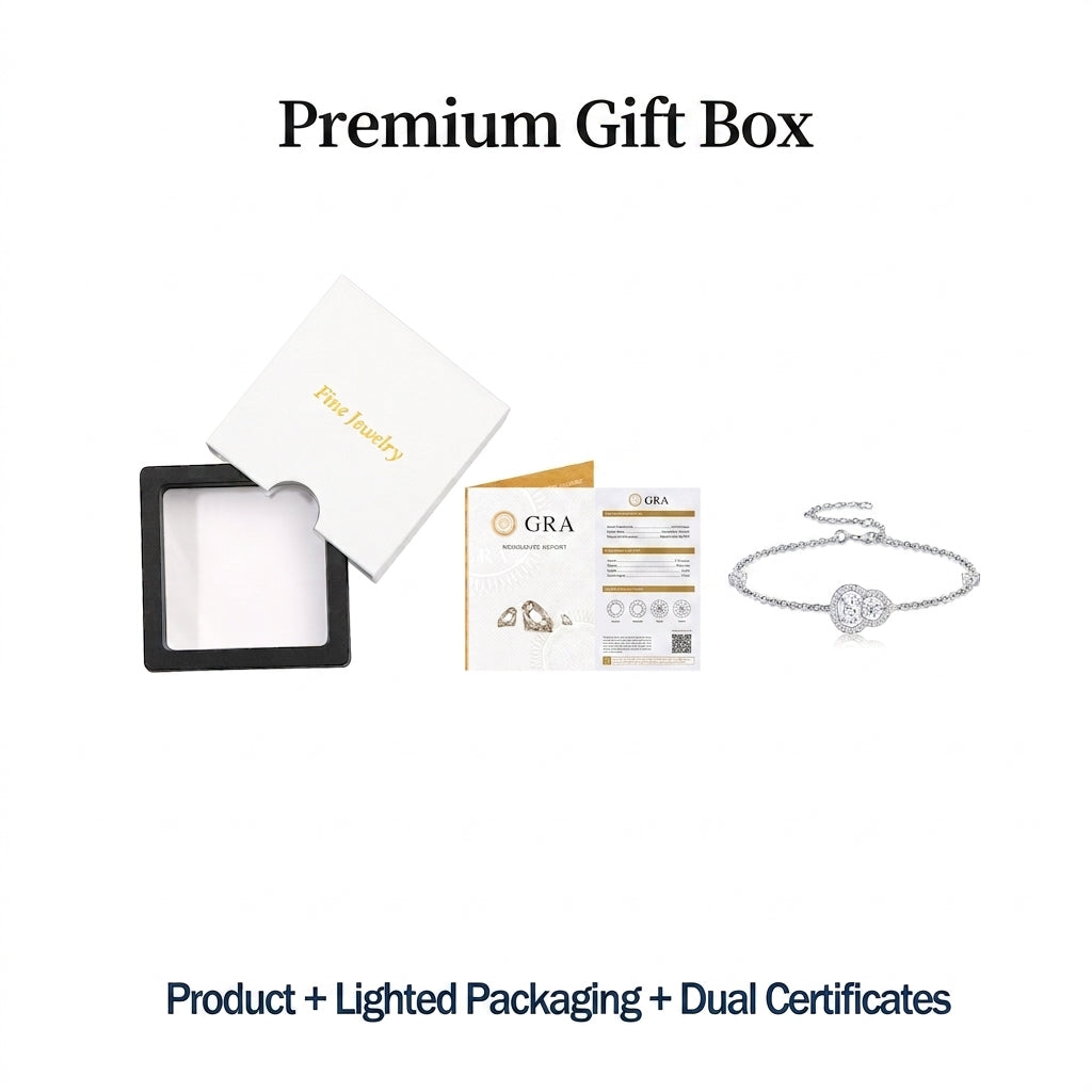 Premium lighted presentation box and dual authenticity certificates for moissanite gourd halo station bracelet.