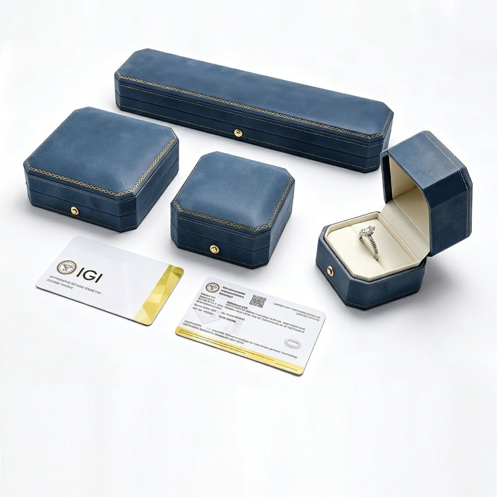 Luxury blue jewelry gift boxes and authenticity certificate cards for oval plain solitaire ring.