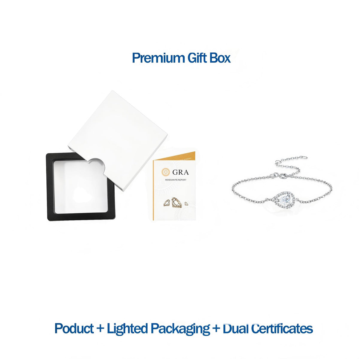 Premium lighted presentation box and dual authenticity certificates for pear cut moissanite halo station chain bracelet.
