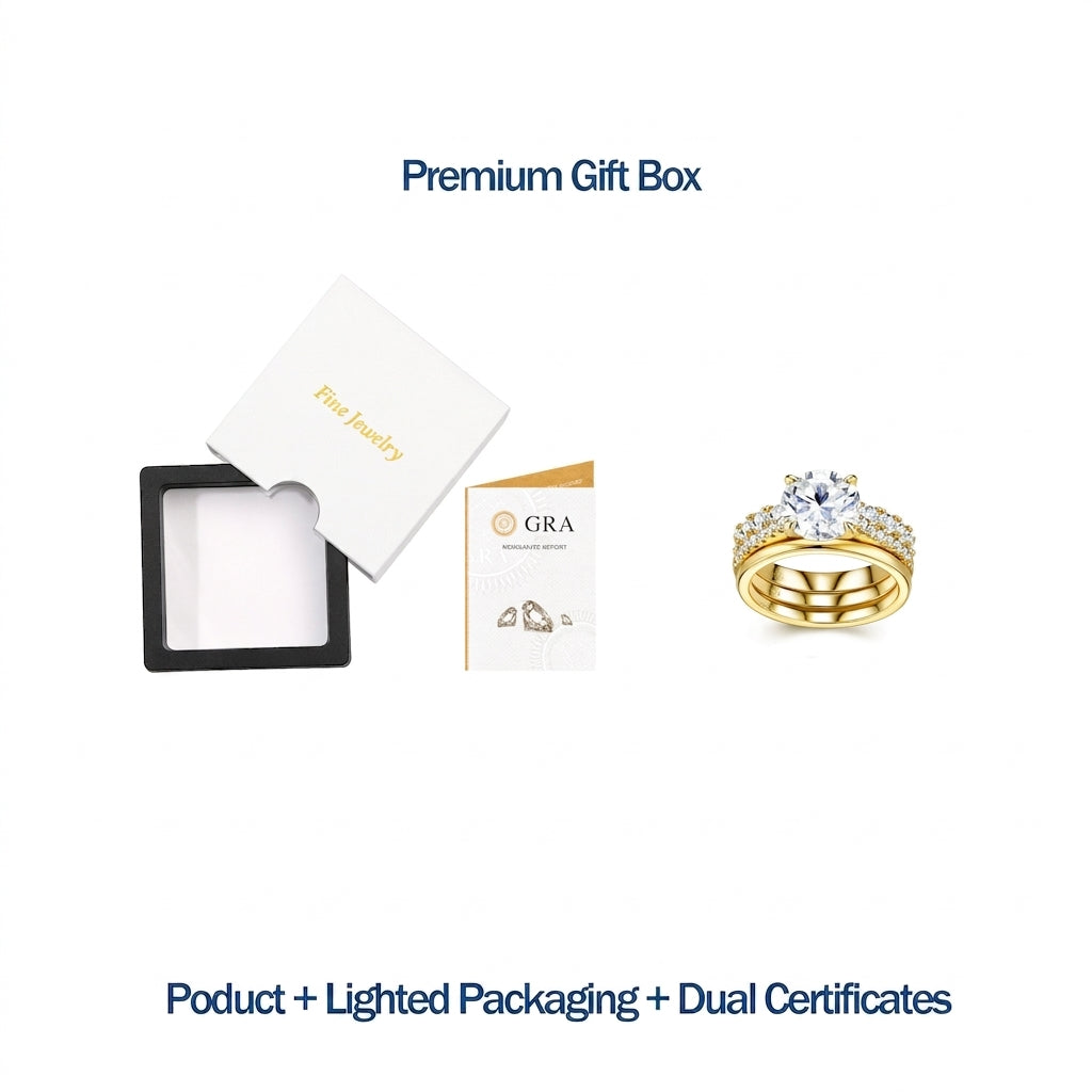 Premium lighted presentation box and dual authenticity certificates for round moissanite solitaire double pavé ring set.