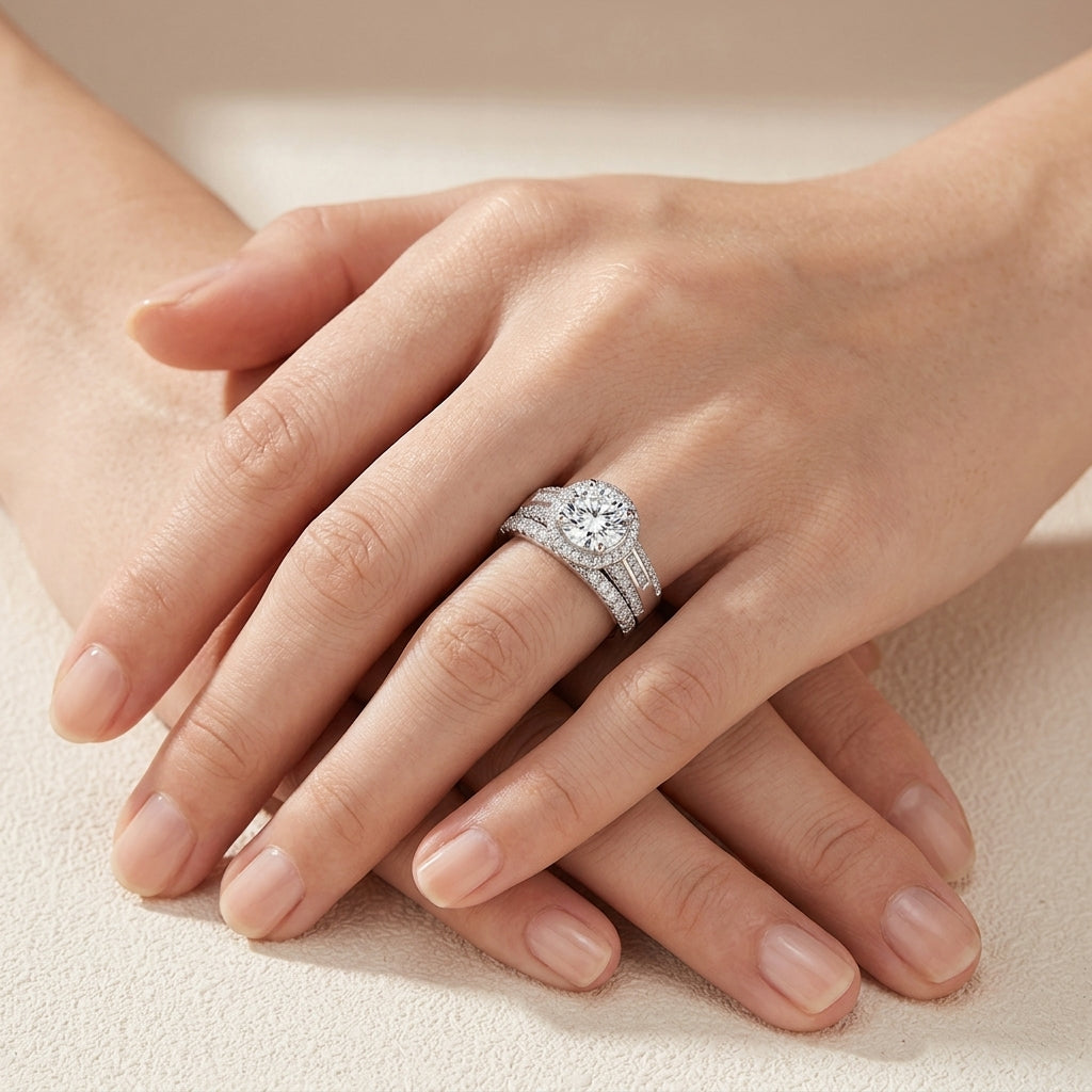 Model showing round cut moissanite halo bridal ring set on hand in warm lighting.