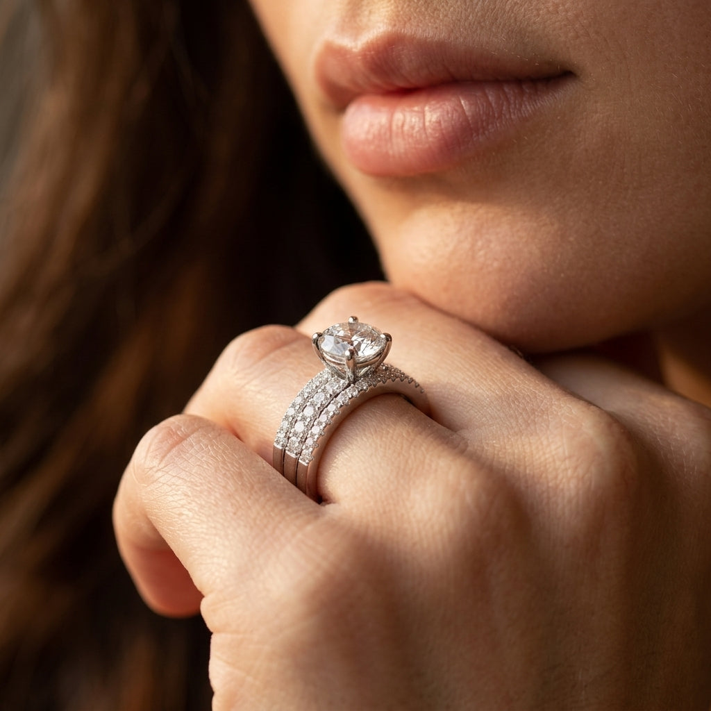 Close-up of a model wearing luxury round cut moissanite triple row pave bridal ring set.