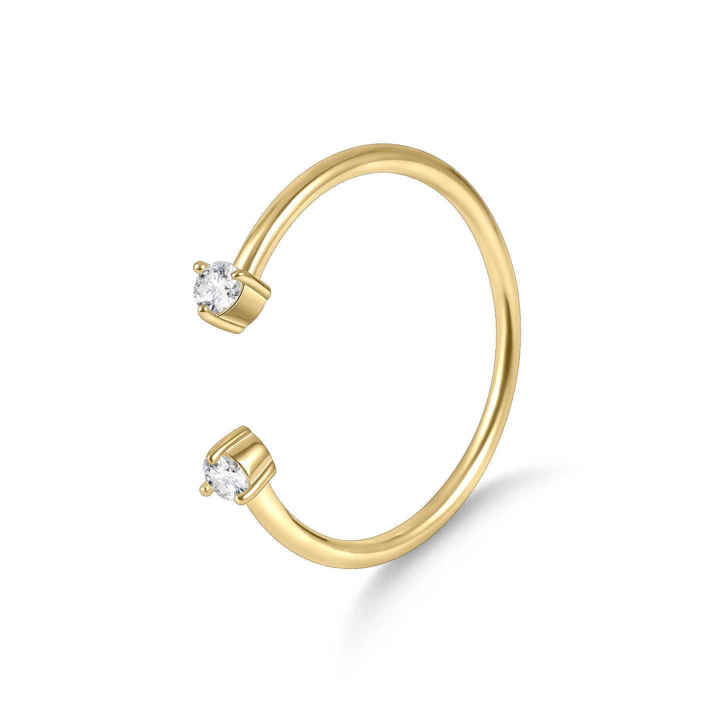 Gold open ring with two small diamonds on a white background