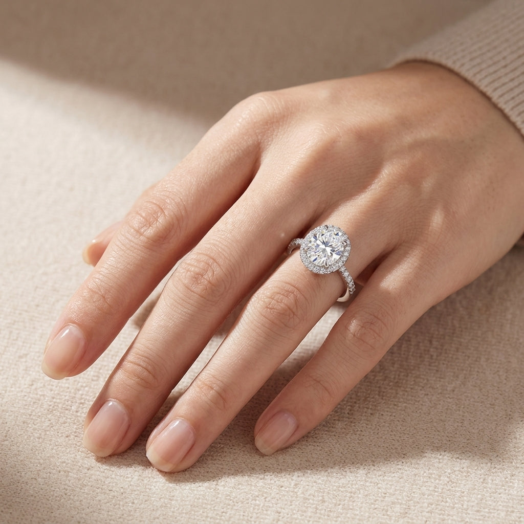 Model wearing silver oval cut moissanite pave halo engagement ring on hand in soft lighting.