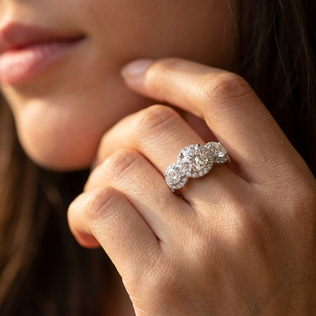 Close-up of a model wearing three stone halo moissanite anniversary ring.
