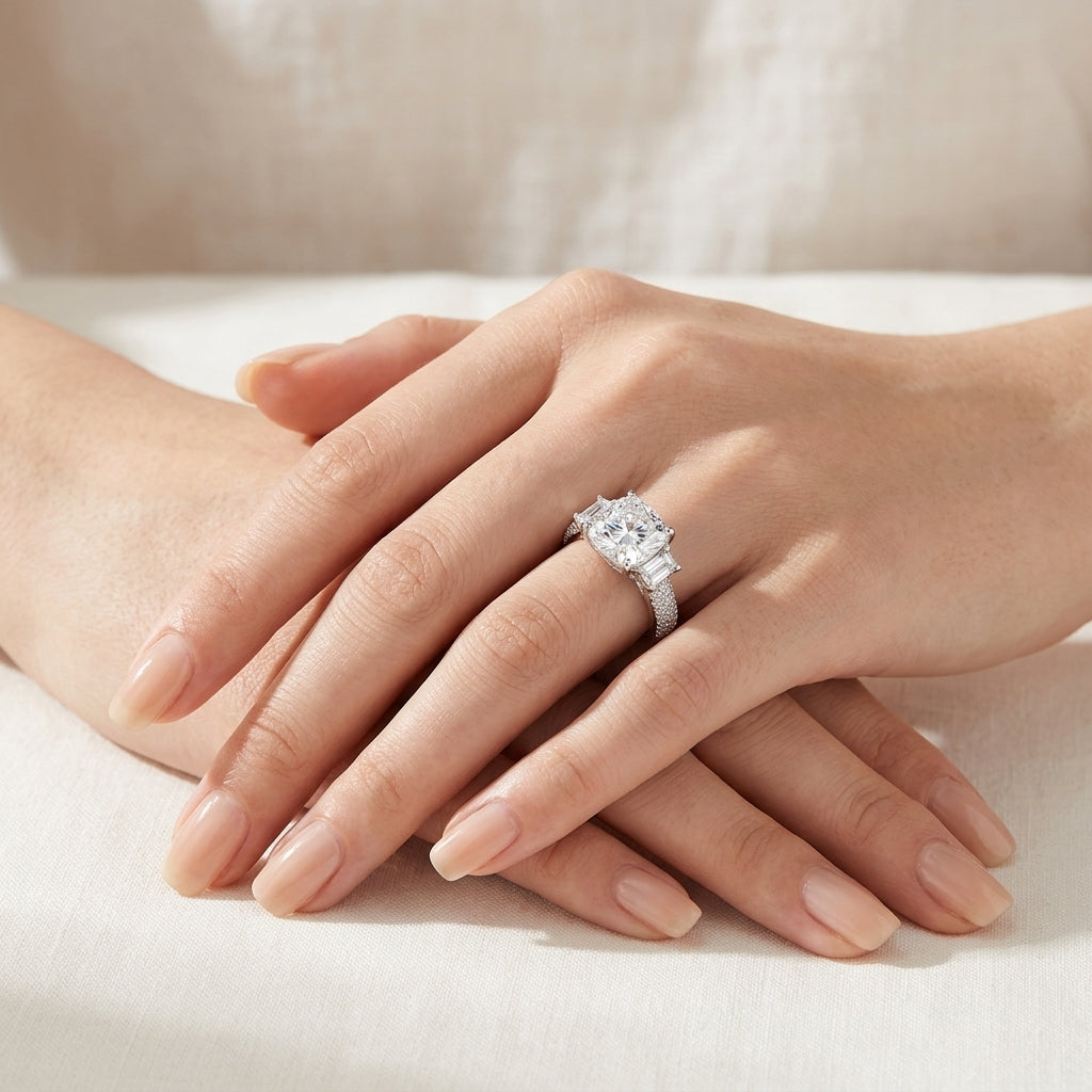 Closeup lookbook wear shot of a model's hands gracefully displaying a timeless romantic vintage cushion moissanite heirloom jewelry ring.