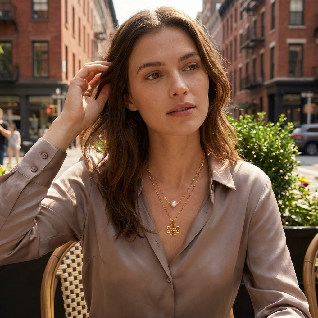Chic flatlay of the Britten Layered Necklace, a sophisticated gold accessory for effortless luxury