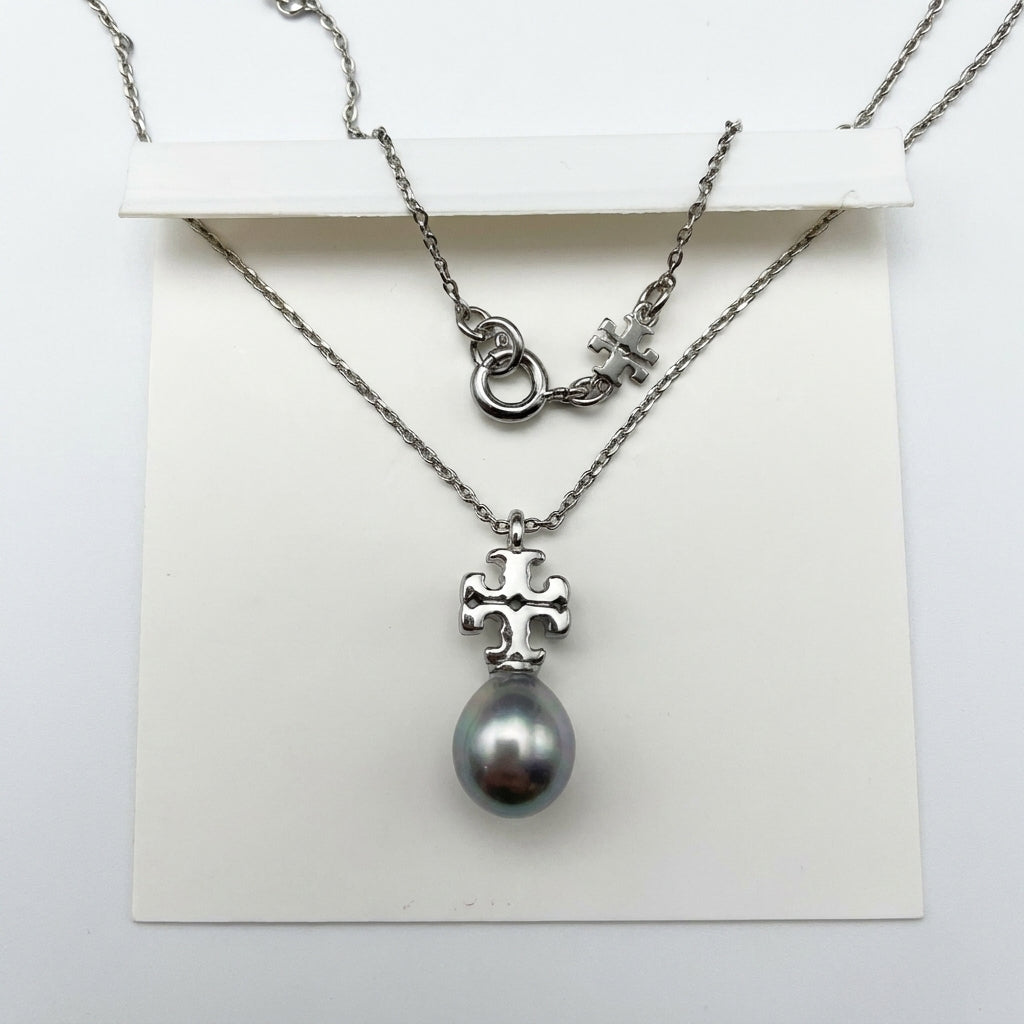 Tory Burch Kira Pearl Pendant Necklace in silver-tone featuring a Chevron-patterned Double T logo