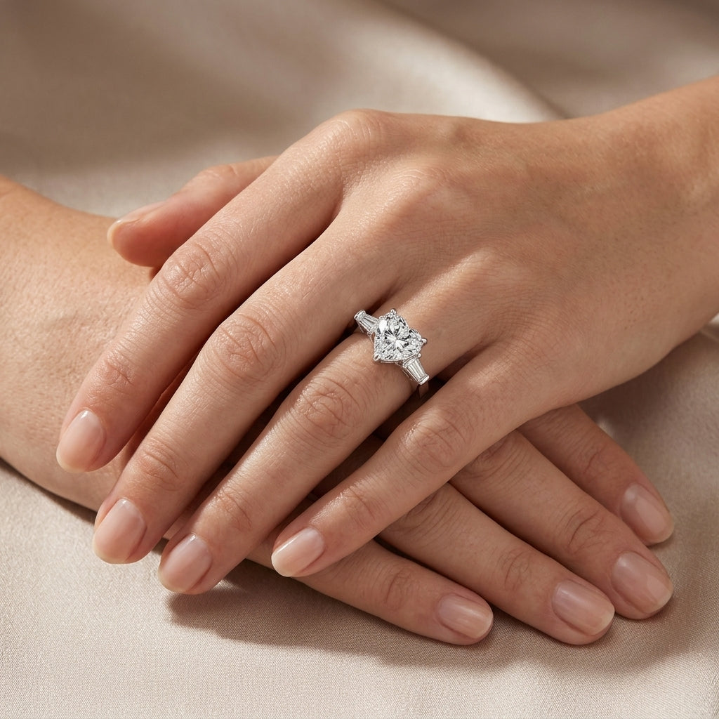 Model showing trillion cut moissanite three-stone ring on hand in soft natural light.