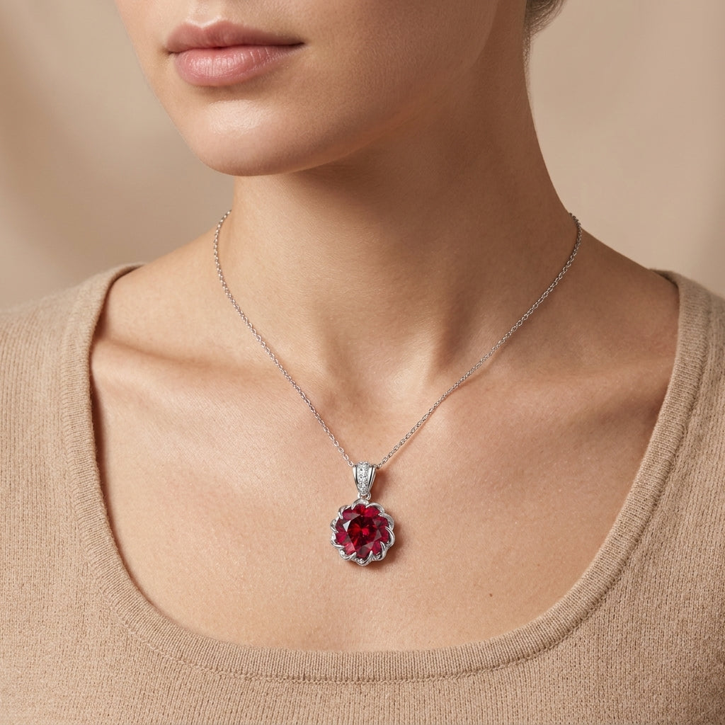Necklace with a red gemstone pendant worn by a person against a beige background
