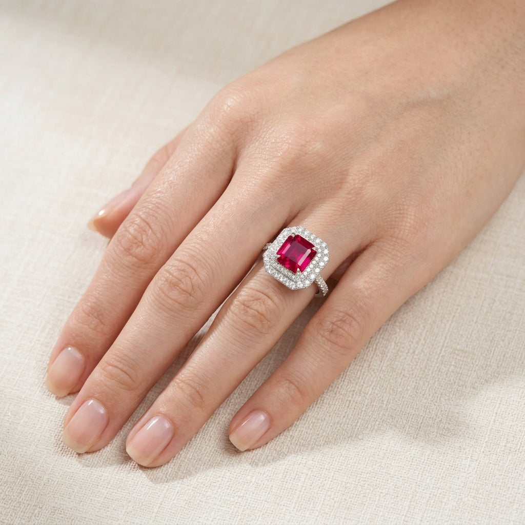 Side angle lifestyle shot of a model showcasing a vintage emerald-cut ruby double halo ring on her finger.