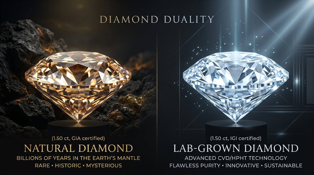 Editorial cover photo featuring a sparkling natural raw diamond next to a polished lab-grown diamond on a reflective dark surface.